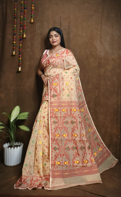 binita Self Design Handloom Cotton Blend Saree(Cream)
