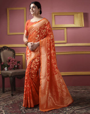 Divastri Woven, Embellished Kanjivaram Silk Blend, Jacquard Saree(Orange)