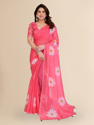 Moda Rapido Floral Print Bollywood Cotton Blend Saree(Pink)