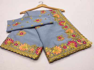 KHRITI FAB Embroidered, Floral Print Bollywood Georgette Saree(Grey)