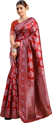 Pranjal Woven Banarasi Silk Blend Saree(Red)