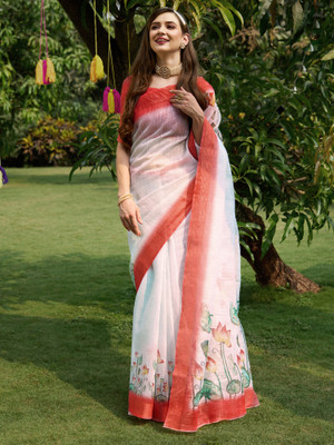 Sareemall Digital Print Banarasi Silk Blend Saree(White)
