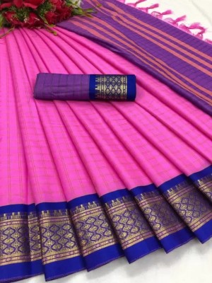 KanjiQueen Checkered Jamdani Silk Blend, Cotton Blend Saree(Dark Blue, Pink)