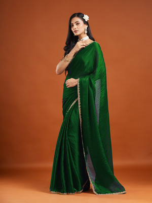 Croza Solid/Plain Bollywood Silk Blend Saree(Dark Green)