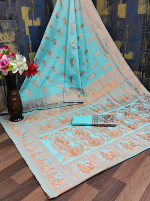 EEVLI Woven Baluchari Cotton Silk Saree(Light Blue)
