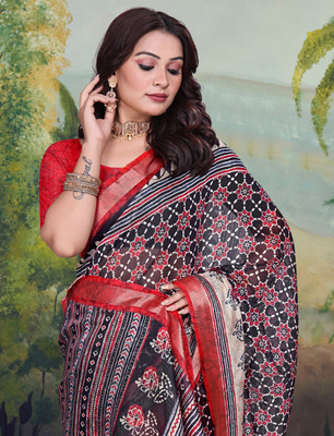 Gajal Printed Kanjivaram Pure Cotton, Cotton Linen Saree(Black)