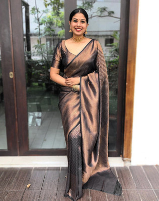 Samah Woven, Embellished Kanjivaram Pure Silk, Silk Blend Saree(Gold, Black)