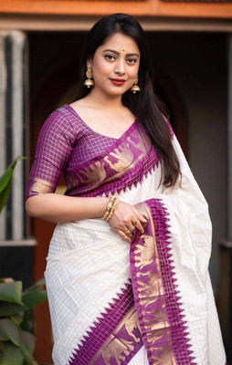 KIVERA Self Design, Woven, Geometric Print Banarasi Cotton Silk Saree(Cream)