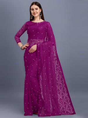 LOROFY Self Design Bollywood Net Saree(Purple)