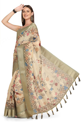 kaizen texo fab Digital Print Kalamkari Linen Saree(Multicolor)