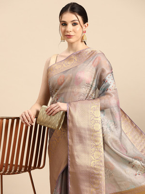 SILK ZONE Digital Print Banarasi Silk Blend Saree(Grey)