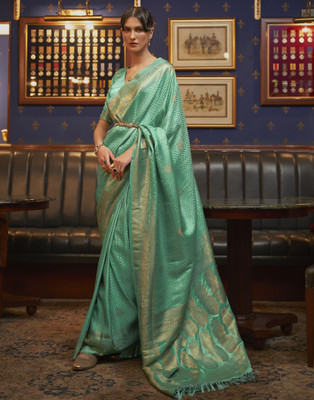 Samah Woven, Embellished, Self Design Banarasi Satin, Art Silk Saree(Green, Gold)