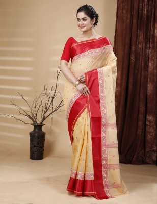 Bong ButiQ Woven Tant Pure Cotton, Velvet Saree(Cream, Red)