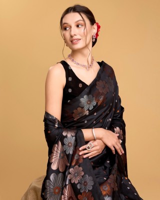 LEOSAGI Woven, Embellished, Floral Print Bollywood Pure Silk Saree(Black)