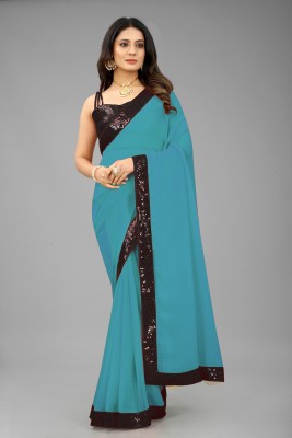 SM TRENDZ Solid/Plain Bollywood Georgette, Cotton Silk Saree(Blue)