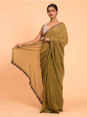 Radha Krishna Saree Solid/Plain, Polka Print Handloom Cotton Blend Saree(Light Green)