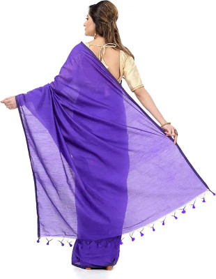 BongSaree Solid/Plain Handloom Handloom Cotton Blend Saree(Purple)
