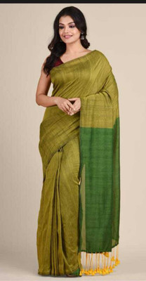 SUDIPTA Solid/Plain Handloom Muslin Saree(Yellow, Light Green)