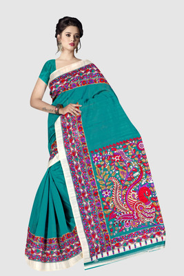 Grubstaker Printed Kalamkari Silk Blend Saree(Light Blue)