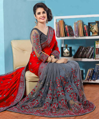 b bella creation Embellished Bollywood Net Saree(Red, Grey)