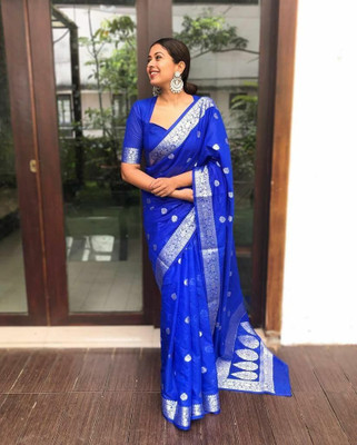 AMRUTKALA SAREES Woven Banarasi Silk Blend Saree(Blue)