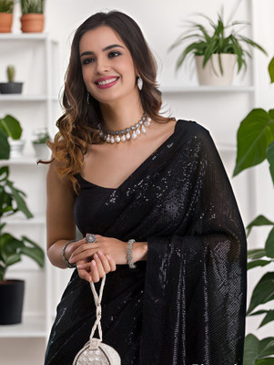 Bhojal Creation Embellished Bollywood Georgette Saree(Black)