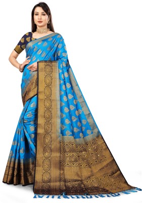 yasvicreation Woven, Temple Border, Self Design, Dyed Kanjivaram Jacquard Saree(Light Blue, Dark Blue)