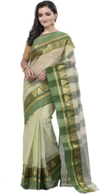 Trishul Woven, Striped, Geometric Print, Self Design Tant Pure Cotton Saree(Light Green)