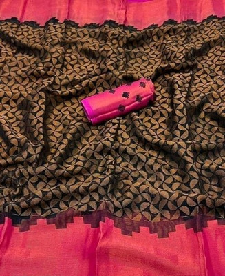 VISIONEMBRO Printed Bollywood Brasso Saree(Black, Pink)