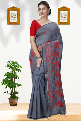 GitAsit Embroidered Handloom Cotton Blend Saree(Grey)