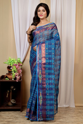 DipDiya Checkered Tant Pure Cotton Saree(Blue)