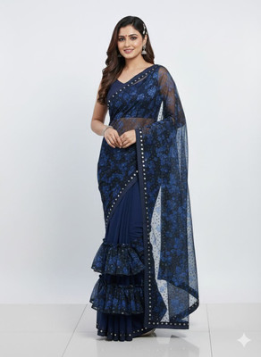 Anugrah Textile Printed Banarasi Lycra Blend, Chiffon Saree(Dark Blue)