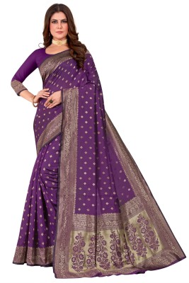 Pervas Woven Banarasi Silk Blend, Cotton Silk Saree(Purple)