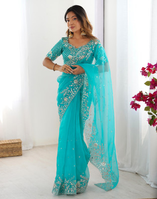 Satrani Embroidered, Embellished Bollywood Organza Saree(Light Blue)