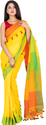 SAYAN CREATION Self Design Handloom Pure Cotton Saree(Yellow, Orange)