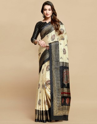 Samah Geometric Print, Printed, Embellished Bollywood Satin, Silk Blend Saree(Cream, Multicolor)