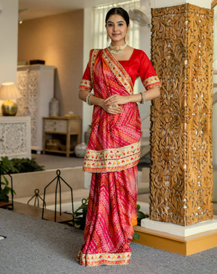 SIRIL Printed, Embellished, Embroidered Bandhani Silk Blend Saree(Red, Multicolor)
