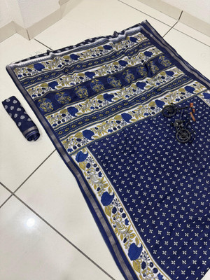 Chandan Fabrics Printed Kalamkari Mulmul Saree(Dark Blue)