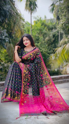 SMRITI HANDLOOM Woven, Self Design Jamdani Handloom Cotton Silk Saree(Black)