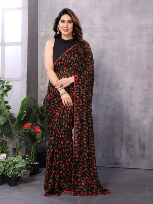 Upalksh Self Design Bollywood Chiffon, Silk Blend Saree(Black)