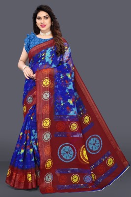 sareya veela Printed Bollywood Cotton Linen Saree(Blue)