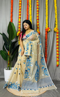 Pasum's Self Design, Embroidered, Woven, Floral Print Jamdani Cotton Silk Saree(Beige, Blue)