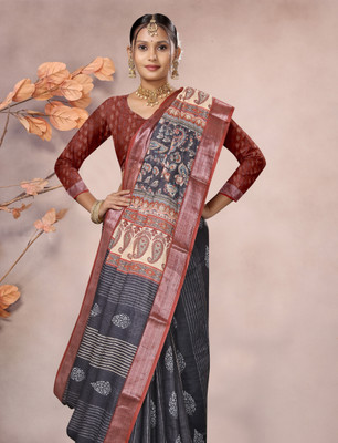 Gajal Printed, Woven Kanjivaram Pure Cotton, Cotton Linen Saree(Black, Red)