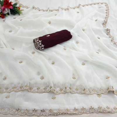 BELLETRENDZ Embroidered Bollywood Jimmy choo Saree(White)