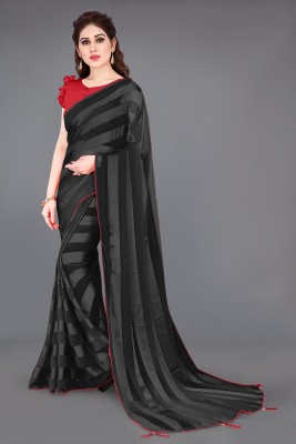 MIRCHI FASHION Striped, Solid/Plain Bollywood Georgette Saree(Black, Red)