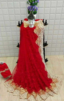 KHRITI FAB Embroidered, Floral Print Bollywood Net Saree(Red)
