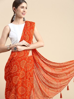 tikli Printed Bandhani Chiffon Saree(Orange)