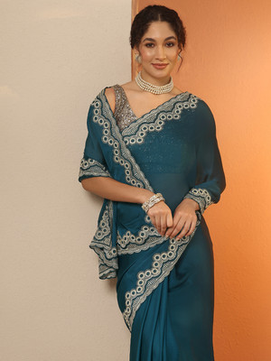 LIBAS Embellished Daily Wear Chiffon Saree(Blue)