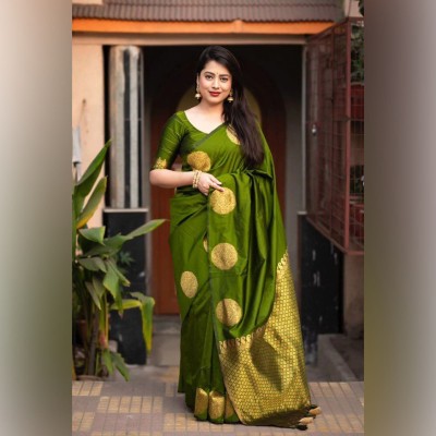 HANSIKA FASHION Temple Border Banarasi Chanderi Saree(Light Green)