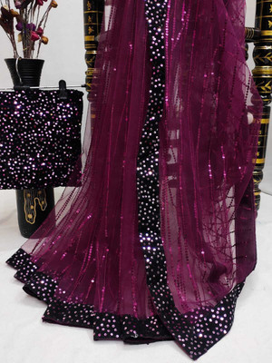 JASHALFAB Embroidered Daily Wear Net, Tissue Saree(Purple)